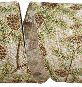 2.5" x 10 Yards Linen Pinecone Glitter Wired Edge Ribbon