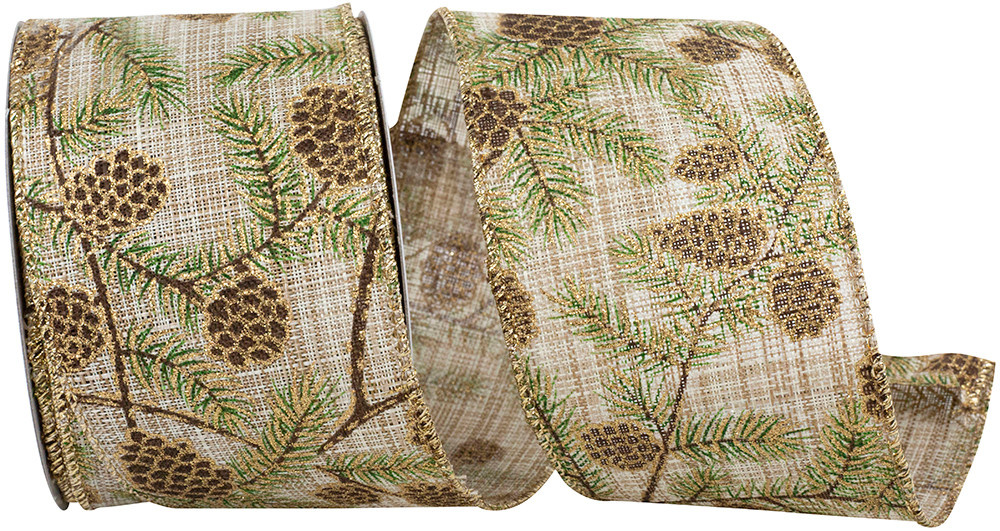 2.5" x 10 Yards Linen Pinecone Glitter Wired Edge Ribbon