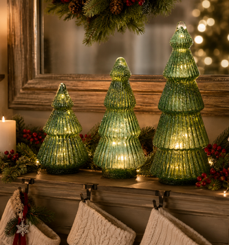 Set of 3 LED Green Glass Glitter Trees