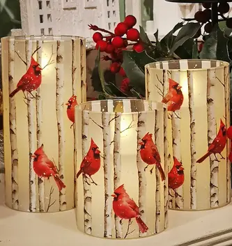 Set of 3 Cardinal on Birch LED Battery Operated Candles