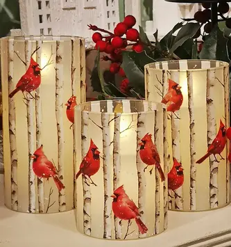 Set of 3 Cardinal on Birch LED Battery Operated Candles