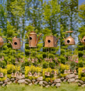 Antiqued Copper Finish Teapot Birdhouse Windchime