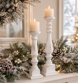 White Distressed Candle Sticks Pair