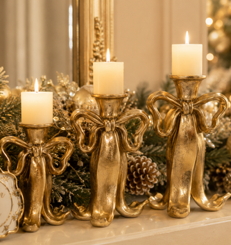 Set of 3 Golden Bow Candlesticks