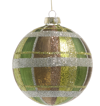 5" Plaid Glass Green Ball Ornament