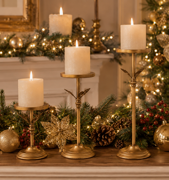 Set of 3 Antiqued Golden Pedestal Candle Holders