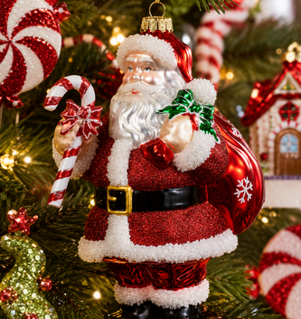 8" Glass Santa with Candy Cane Ornament