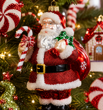 8" Glass Santa with Candy Cane Ornament