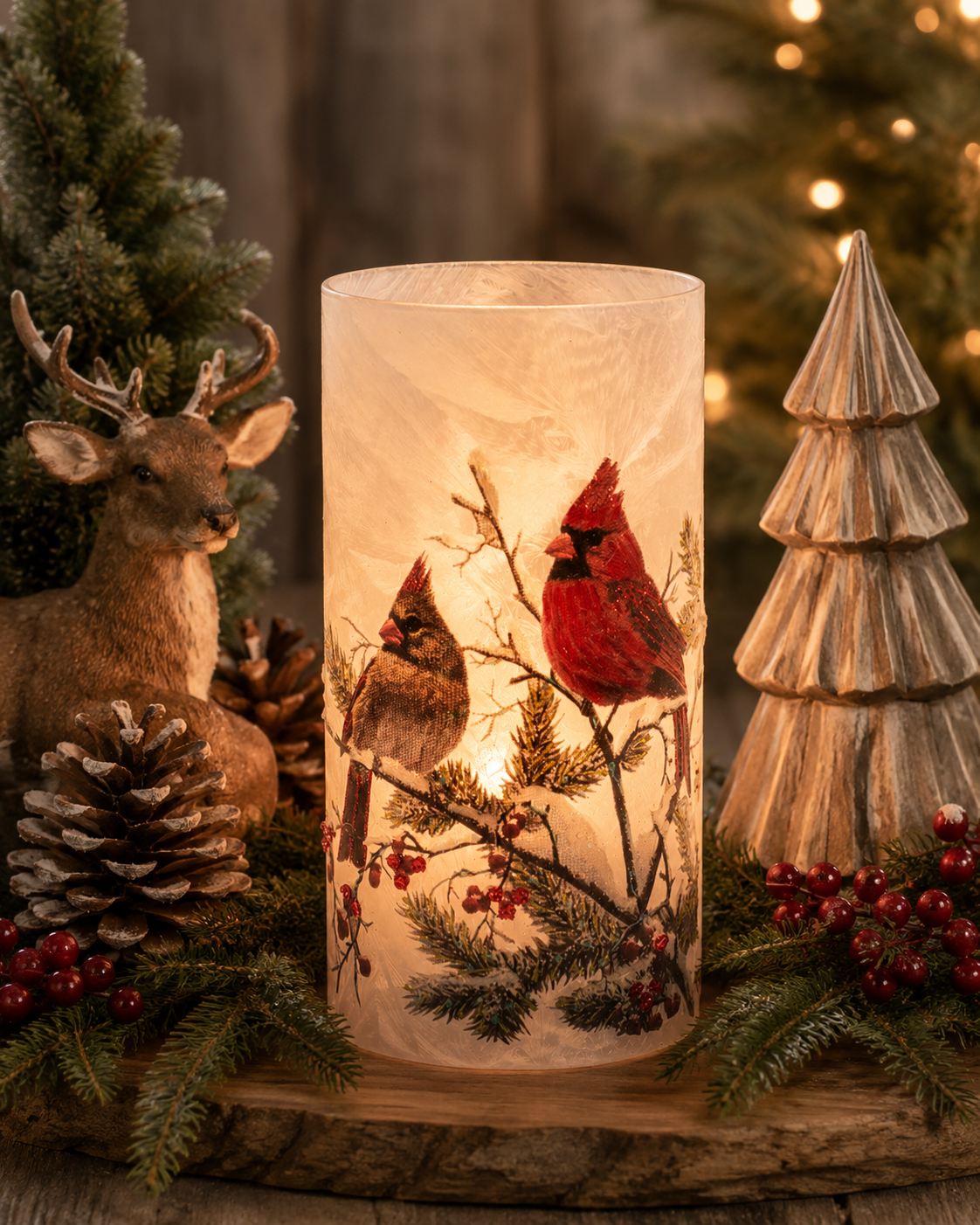 Winter Scene Double Cardinal Candle Holder