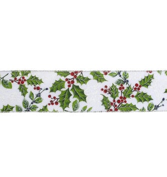2.5" x 10 Yards Silver Holly Wired Edge Ribbon