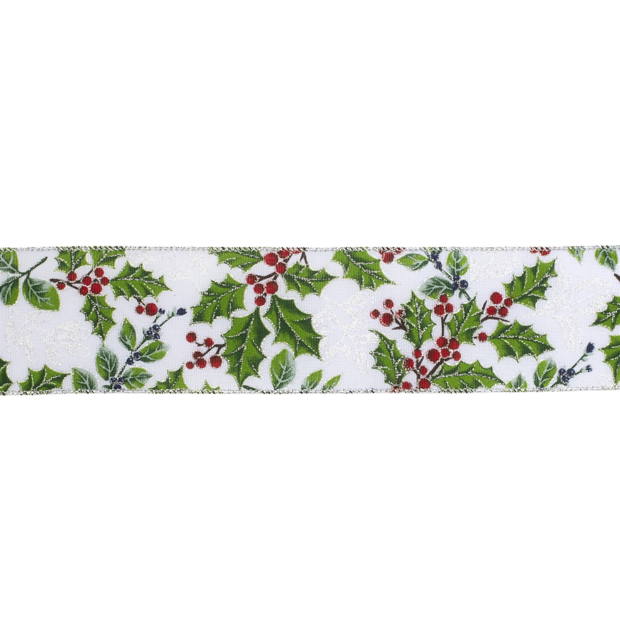 2.5" x 10 Yards Silver Holly Wired Edge Ribbon