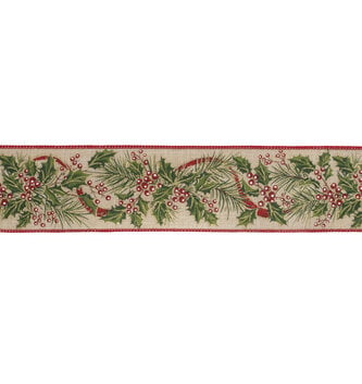 2.5" x 10 Yards Taupe Holly Berry Wired Ribbon