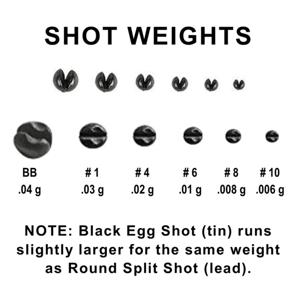 What are the diameters of standard sizes of split shot fishing