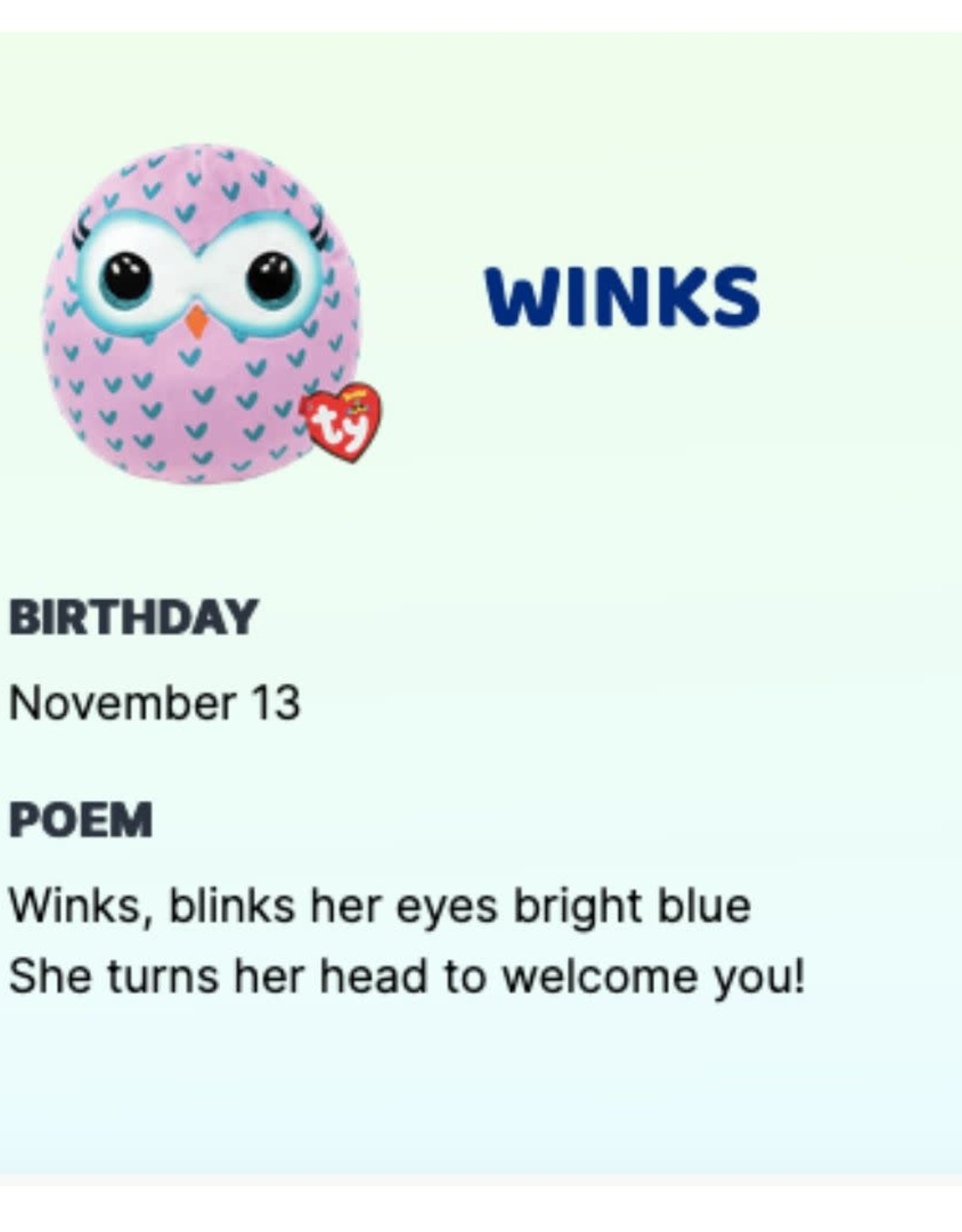 Ty Inc. WINKS Squishy Beanies Lg