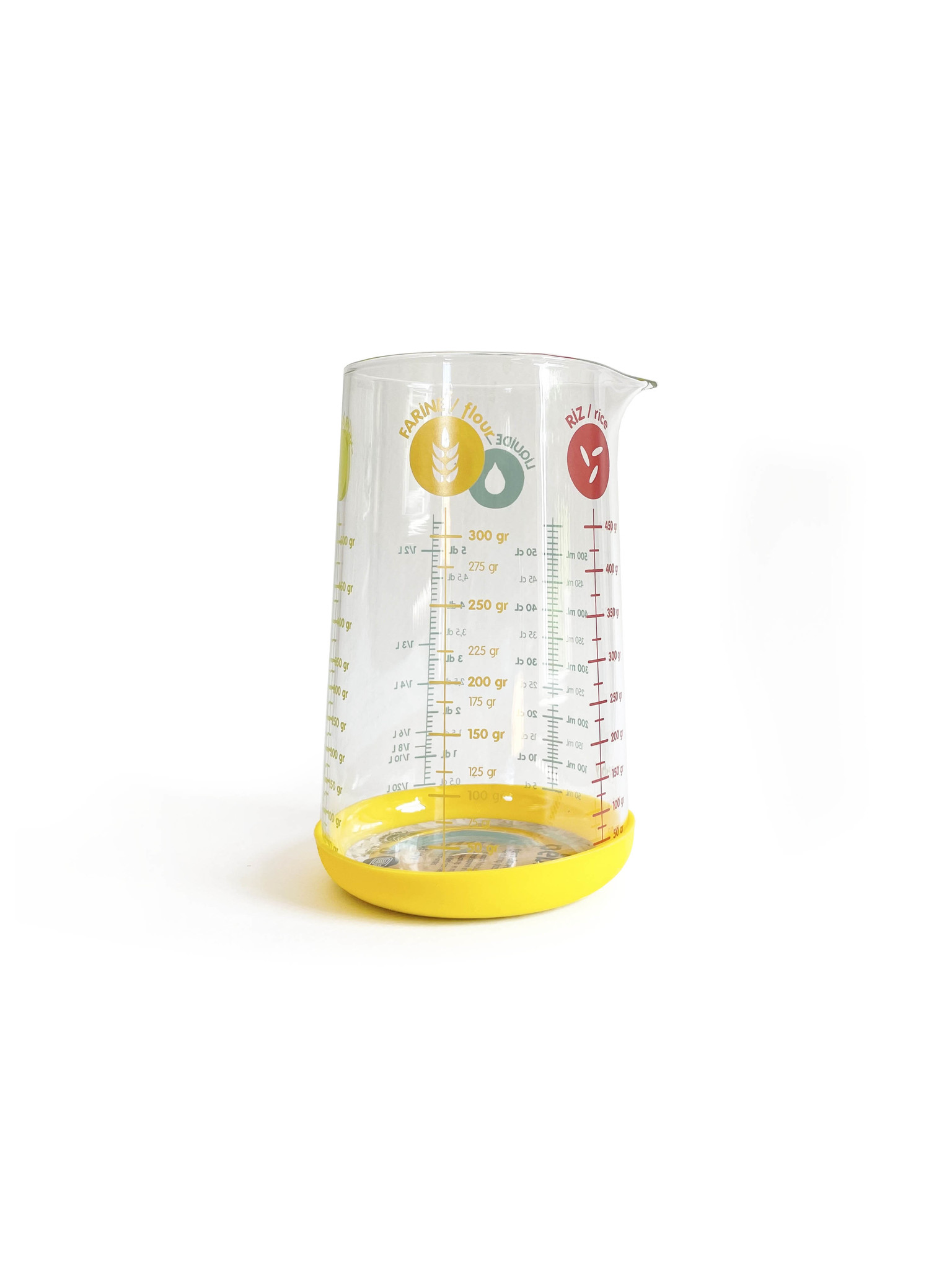 Pebbly Borosilicate Glass Measuring Cup with Yellow Silicone Bottom 17 oz-1