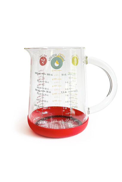 Pebbly Borosilicate Glass Measuring Cup with Red Silicone Bottom
