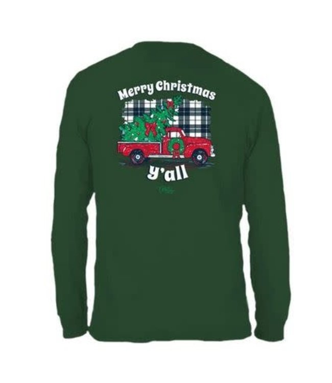 CHLOE LANE T-Shirt Plaid Christmas Yall LS Forest Green