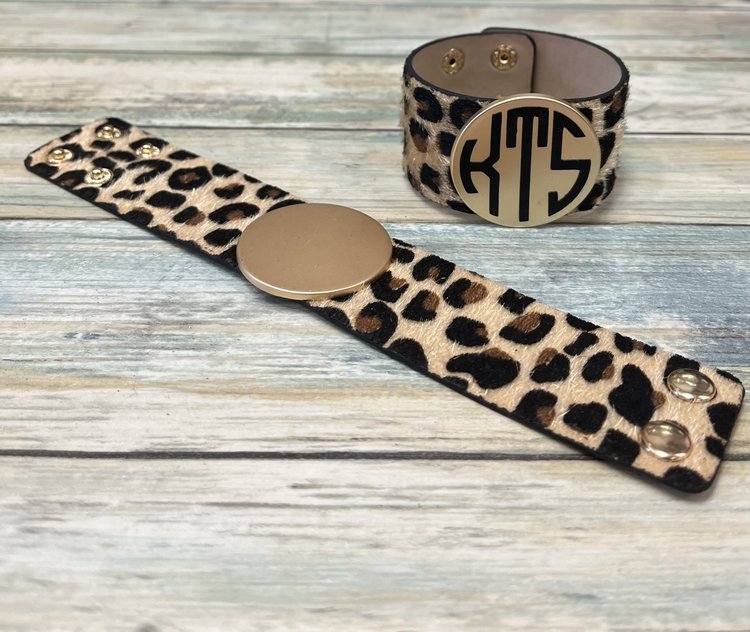 Riah Fashion Bracelet Leather  Leopard Print w/ Monogram Light Brown