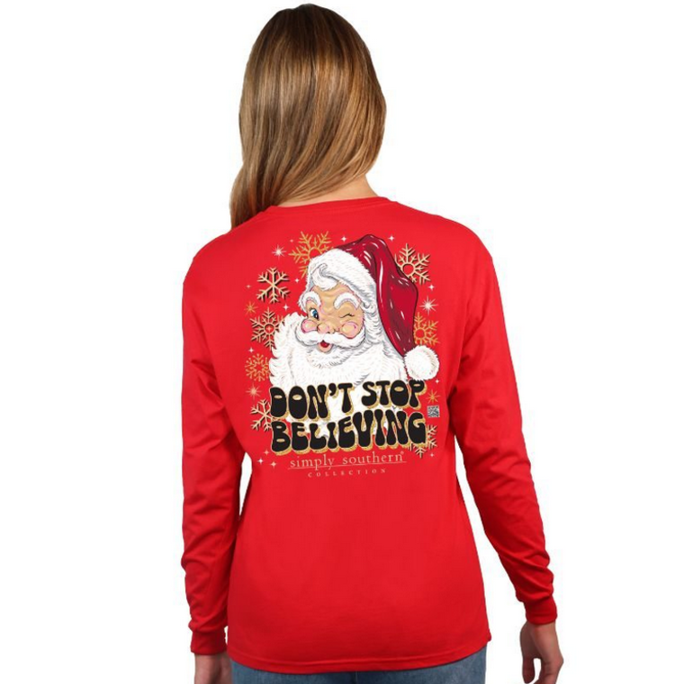 SIMPLY SOUTHERN T-Shirt SS Believe Santa 2023 LS Red