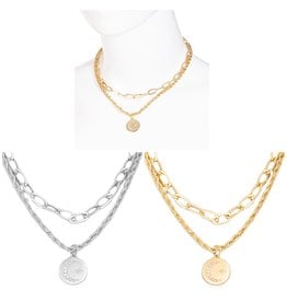 LATA Layered Chain Moon Coin Pendant Necklace