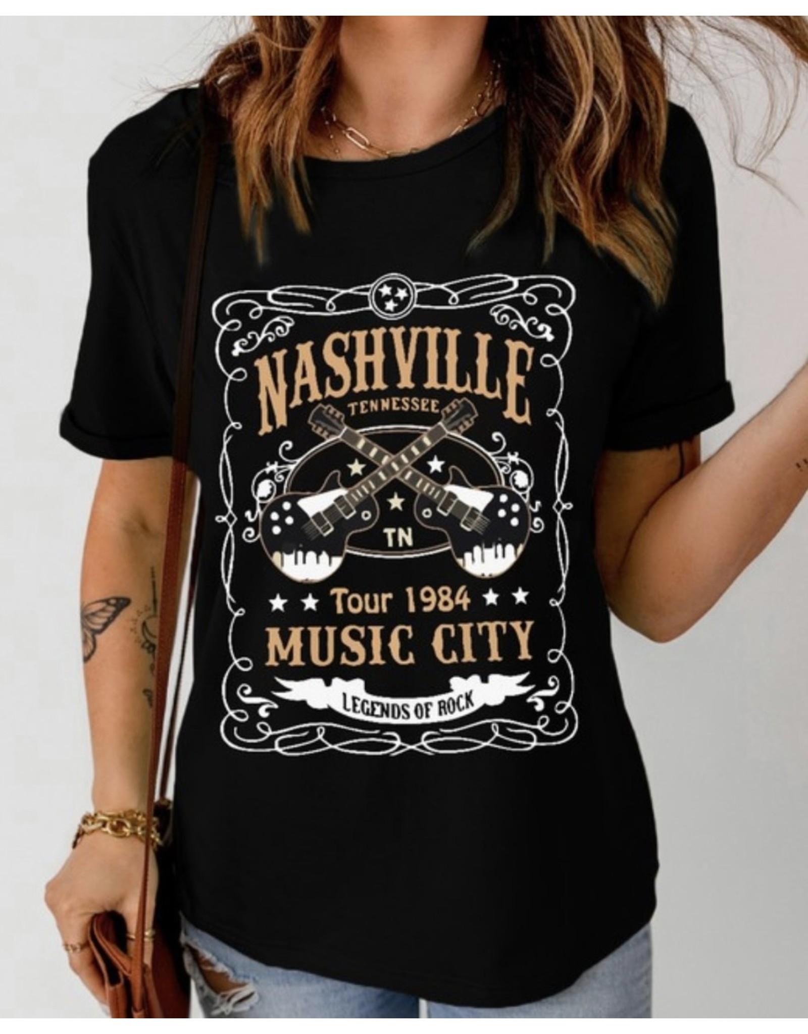 Nashville black guitar print tee - LA Trends Addict