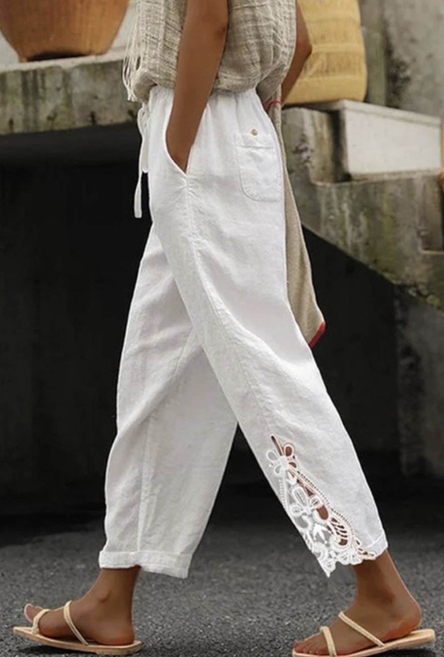 White drawstring linen pants w/ lace detail