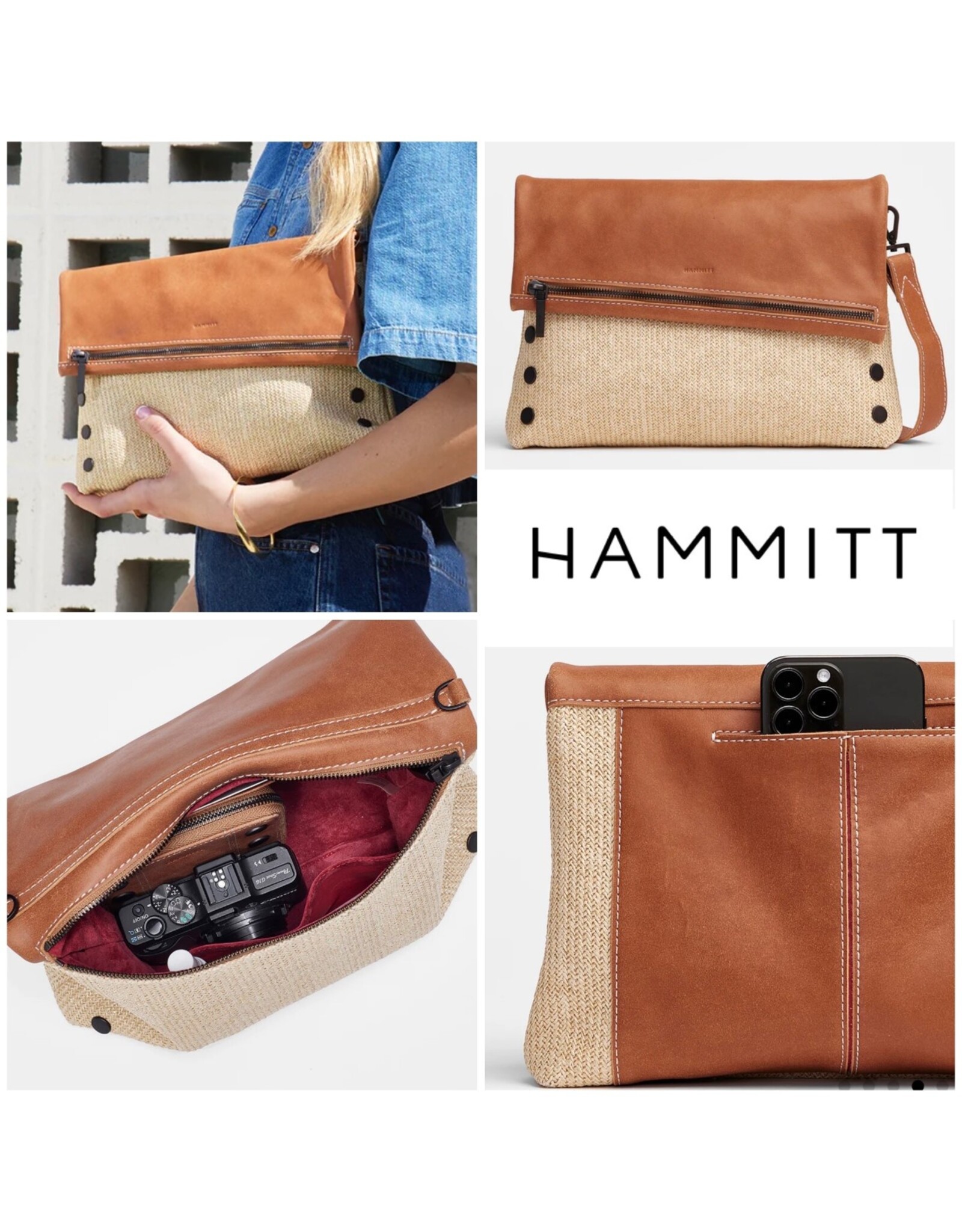 Hammitt Large VIP Saddle Raffia/Bronze Leather Clutch