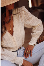 LATA Beige lace crochet embroidered v neck blouse