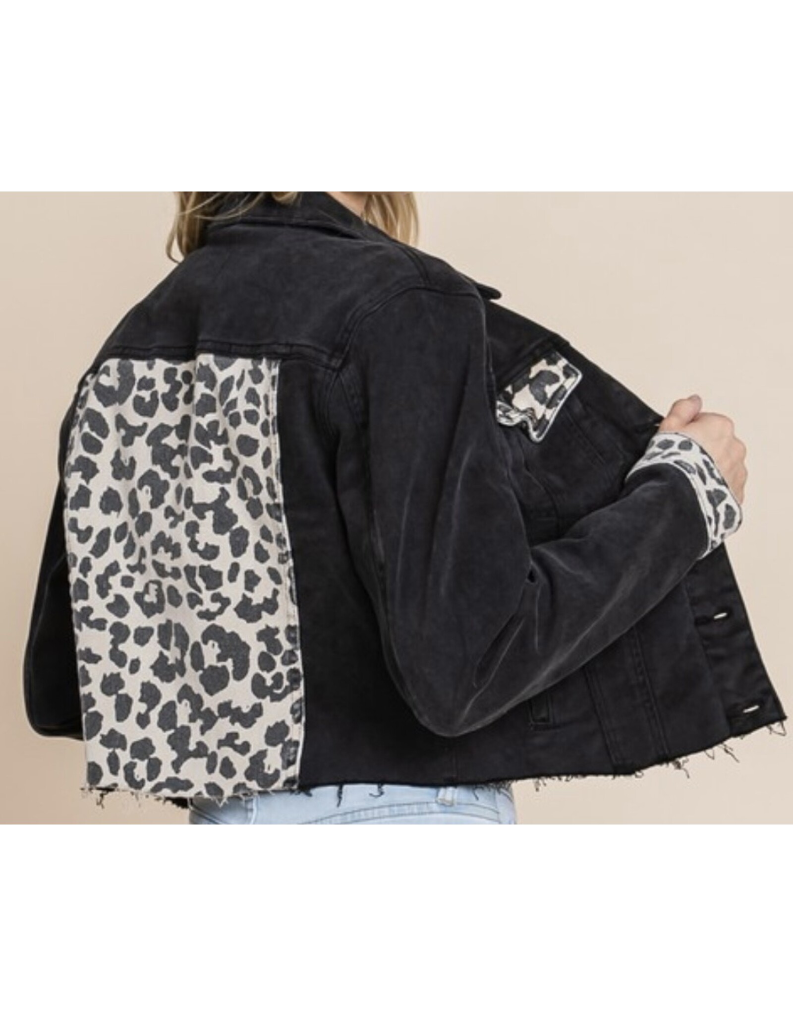 LATA Leopard contrast black denim jacket