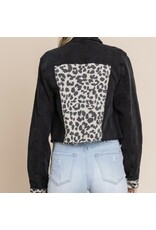 LATA Leopard contrast black denim jacket