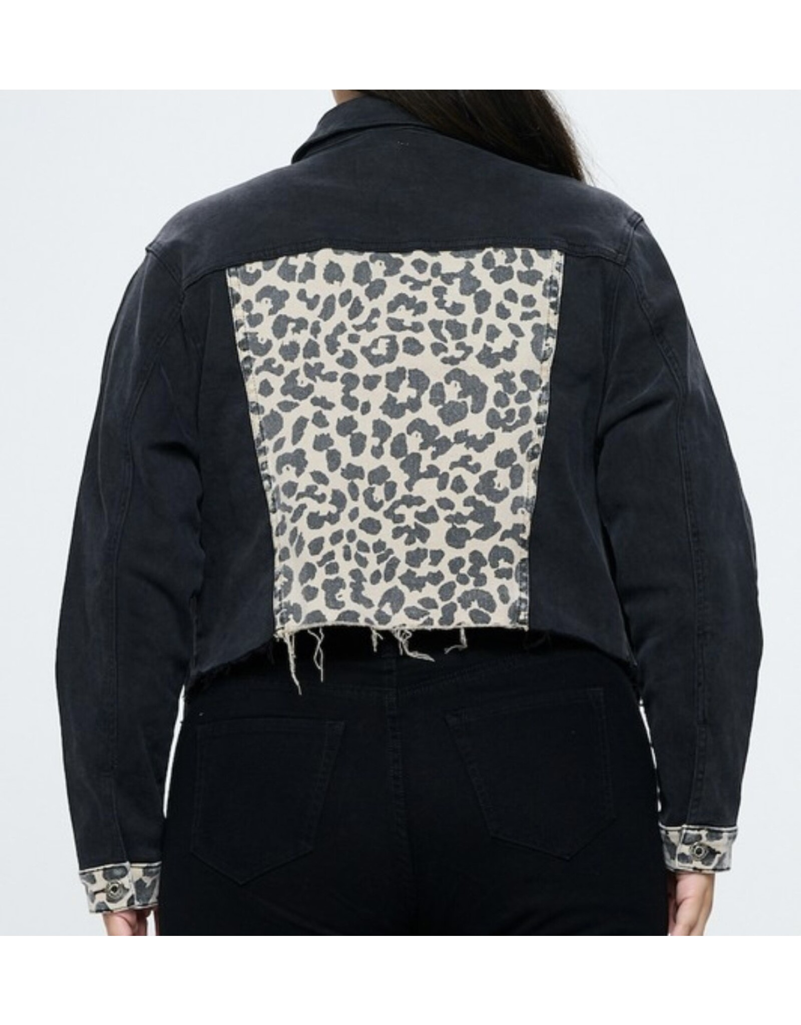 LATA Leopard contrast black denim jacket