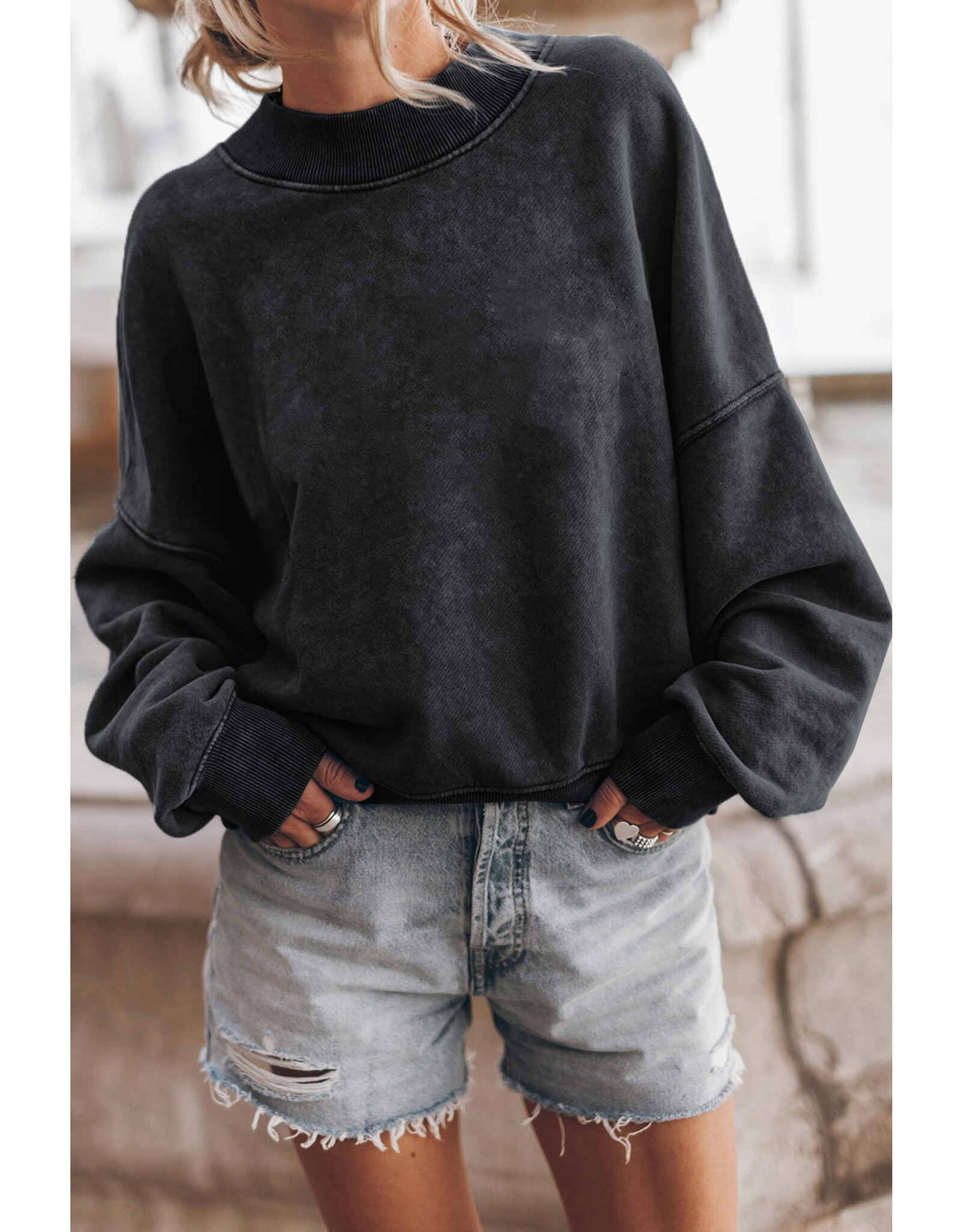 Drop Shoulder Crew Neck Pullover Sweatshirt - LA Trends Addict