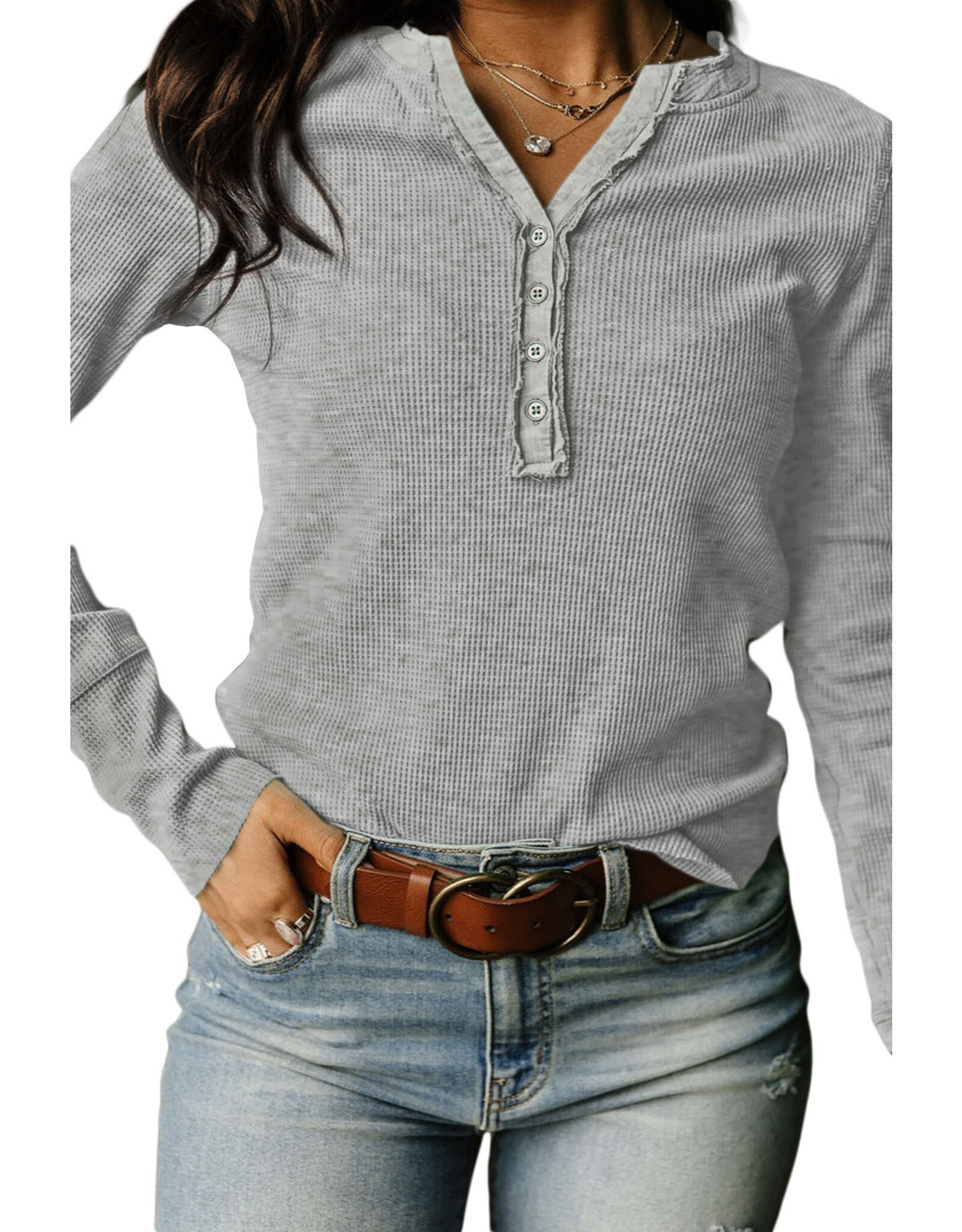 LATA Trimmed Waffle Knit Henley Top
