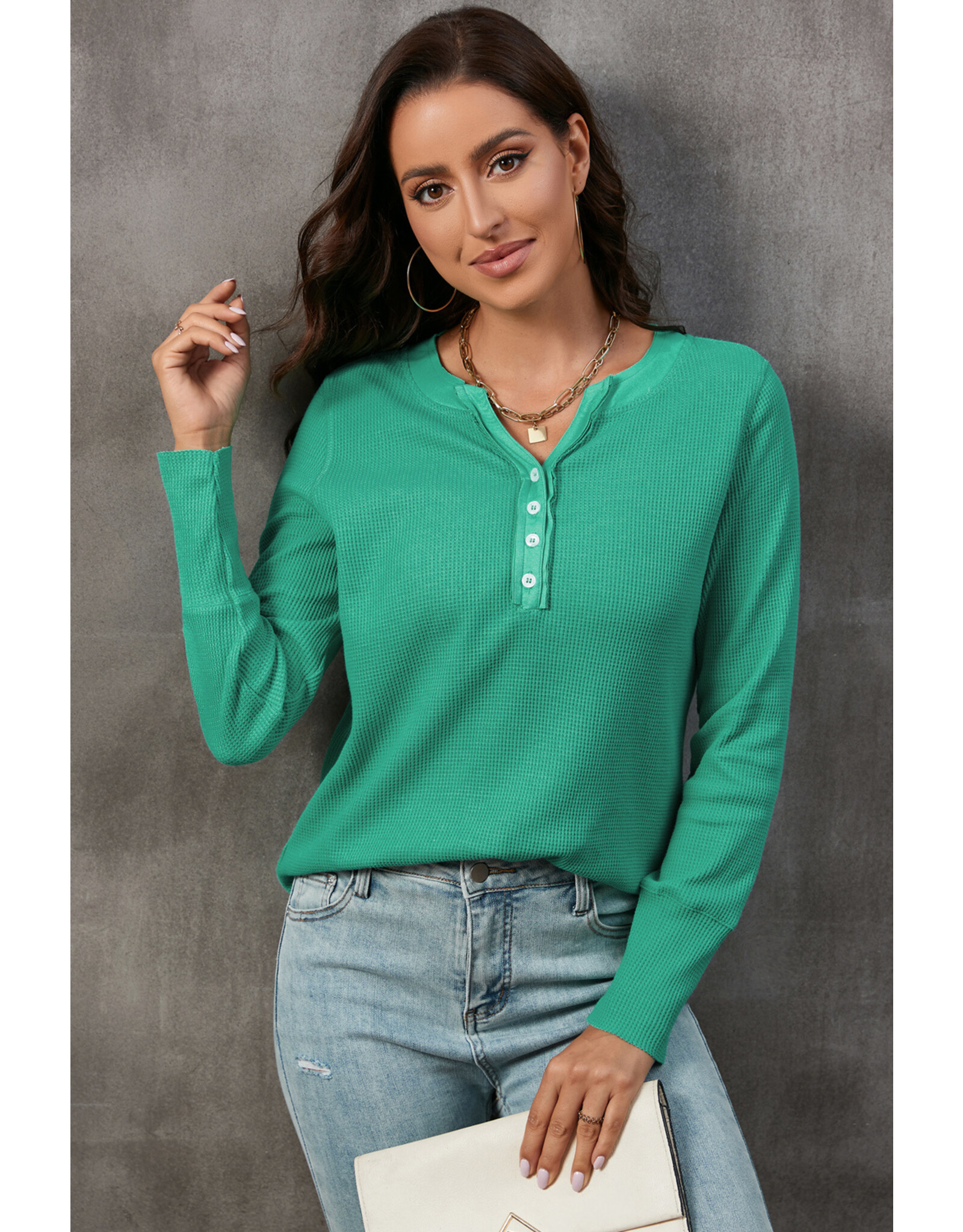 LATA Trimmed Waffle Knit Henley Top