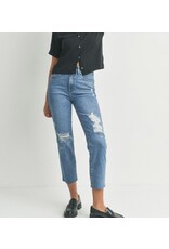 Dark denim high rise destroyed jeans