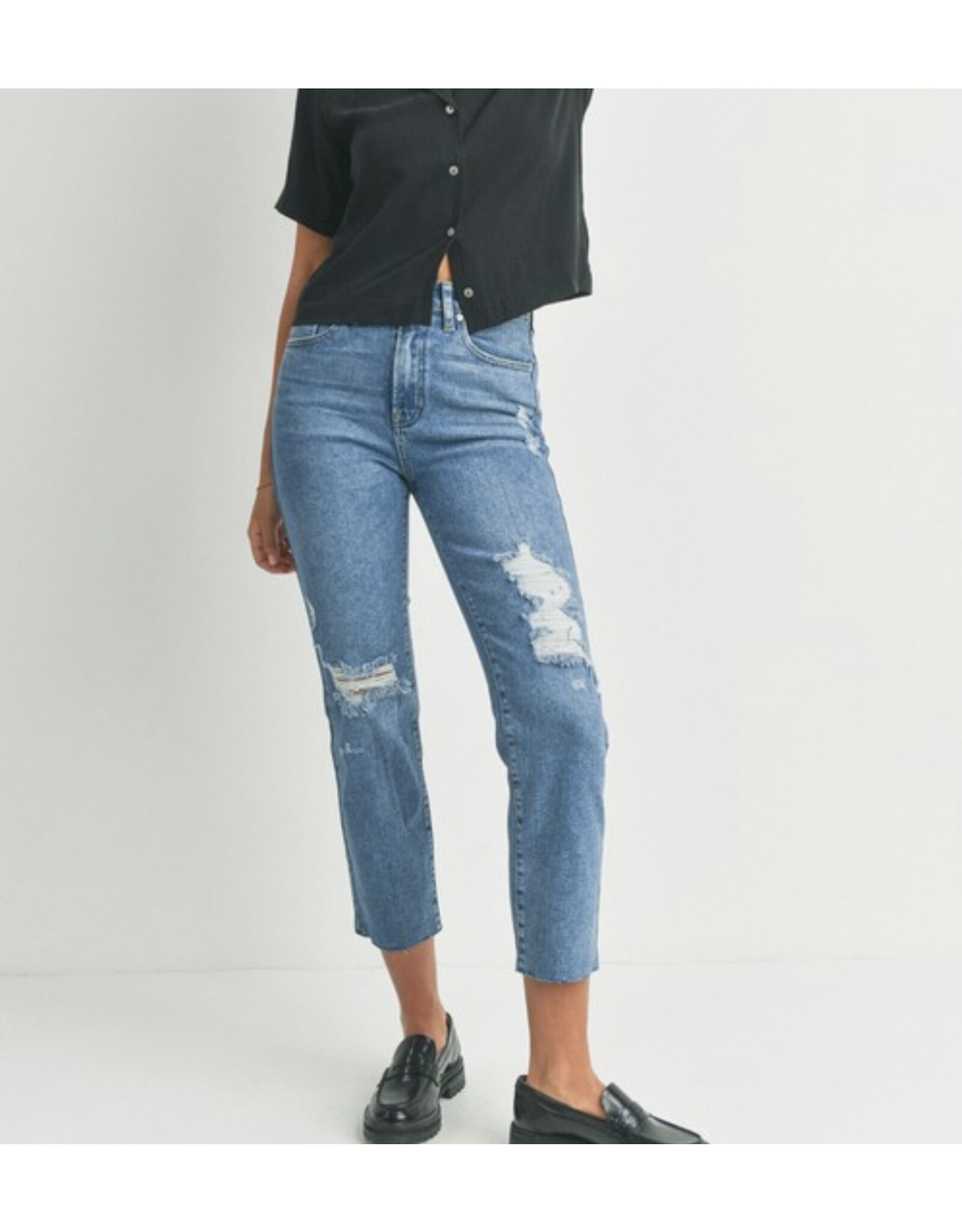 Dark denim high rise destroyed jeans