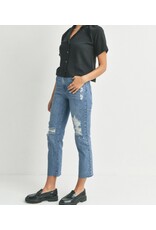 Dark denim high rise destroyed jeans