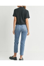 Dark denim high rise destroyed jeans