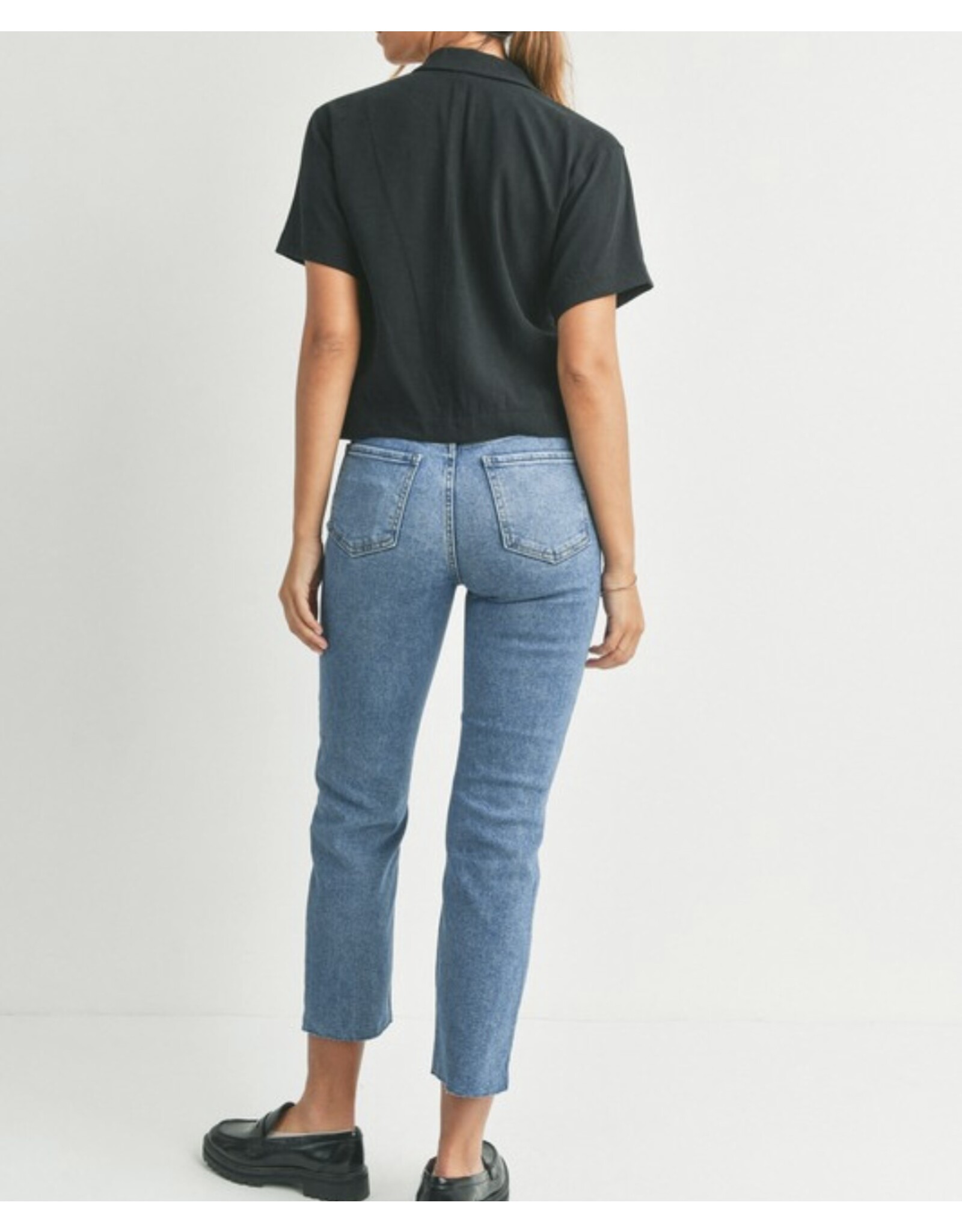 Dark denim high rise destroyed jeans