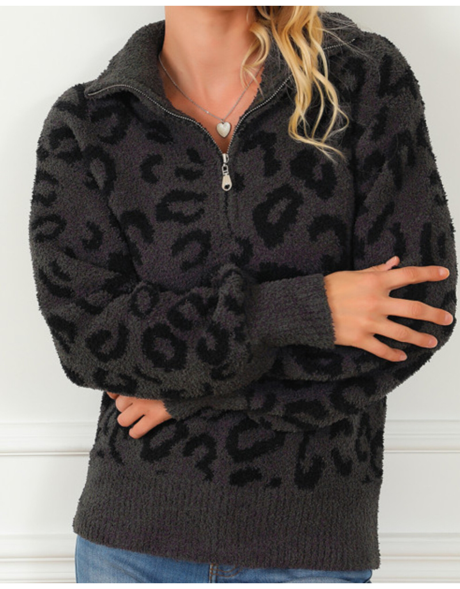 LATA Leopard Animal Print Zipped Collared Sweater