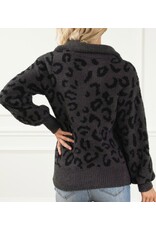 LATA Leopard Animal Print Zipped Collared Sweater