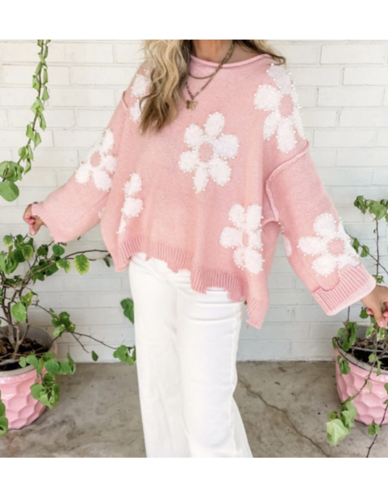 LATA Pearl Beaded Floral Sweater
