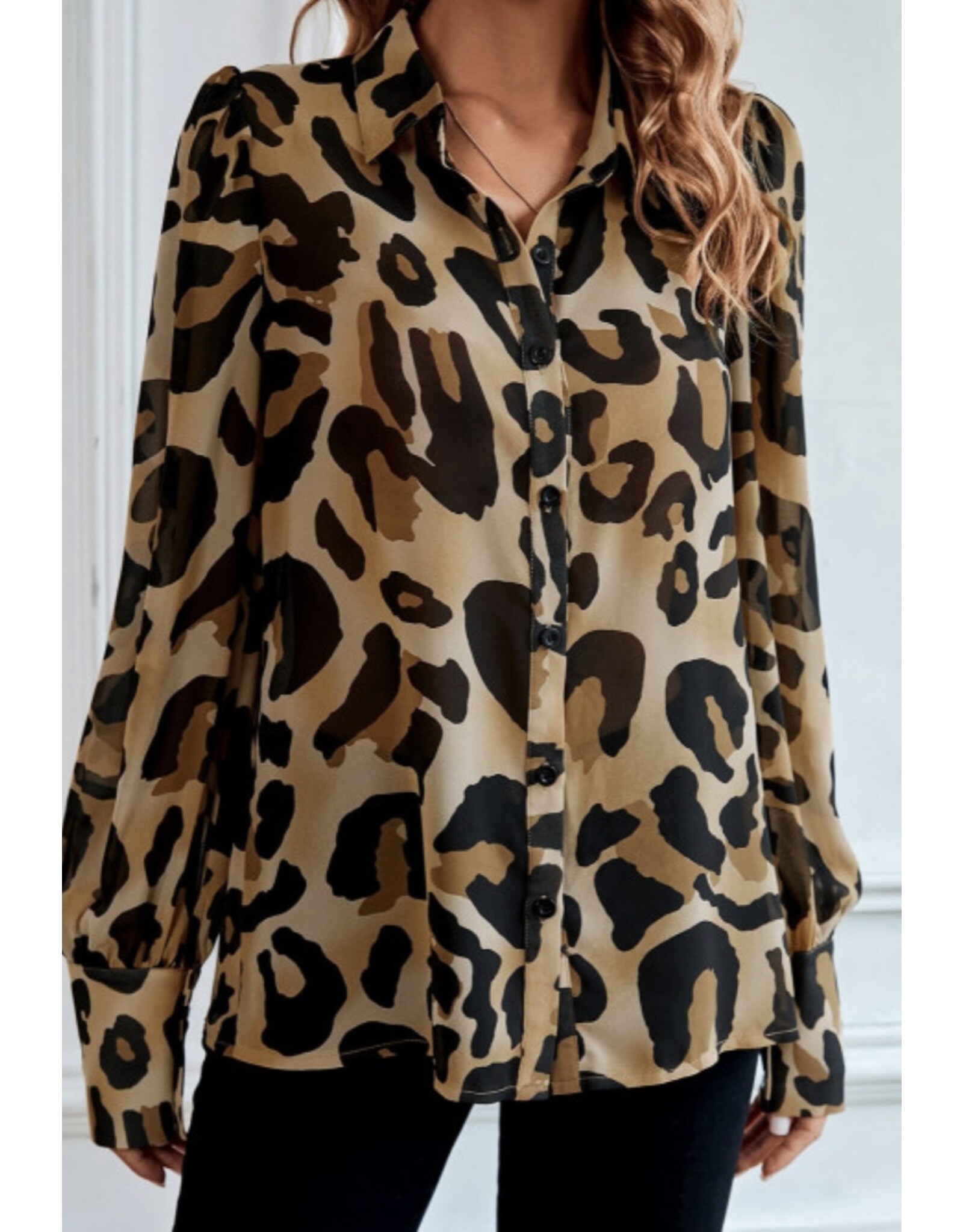 LATA Leopard Bishop Sleeve Button up Shirt
