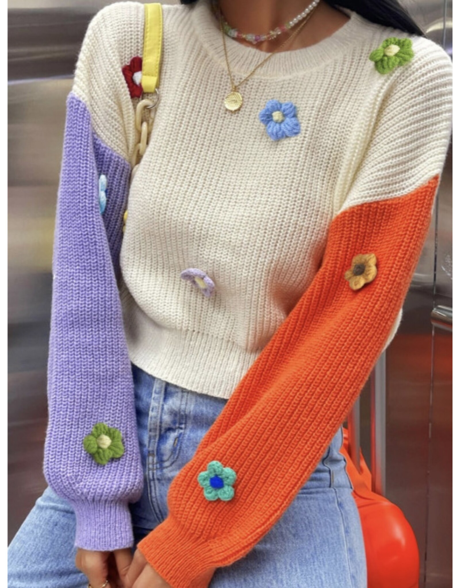LATA Multicolour Flower Colorblock Sweater