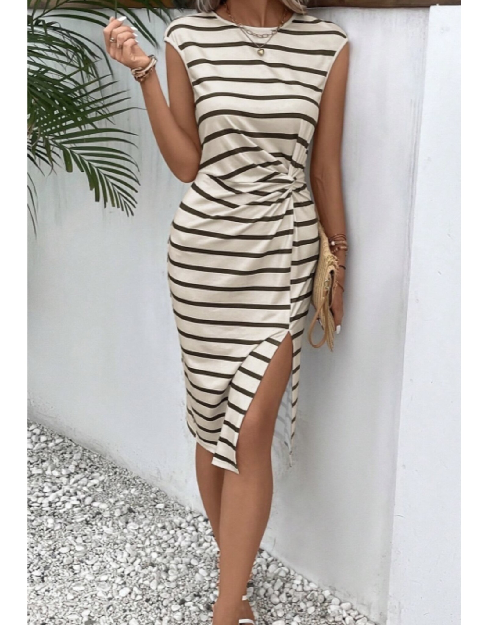 LATA Khaki Stripe Twist Midi Dress