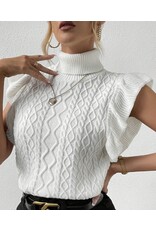 LATA White Turtle Neck Short Sleeve Ruffled Sweater