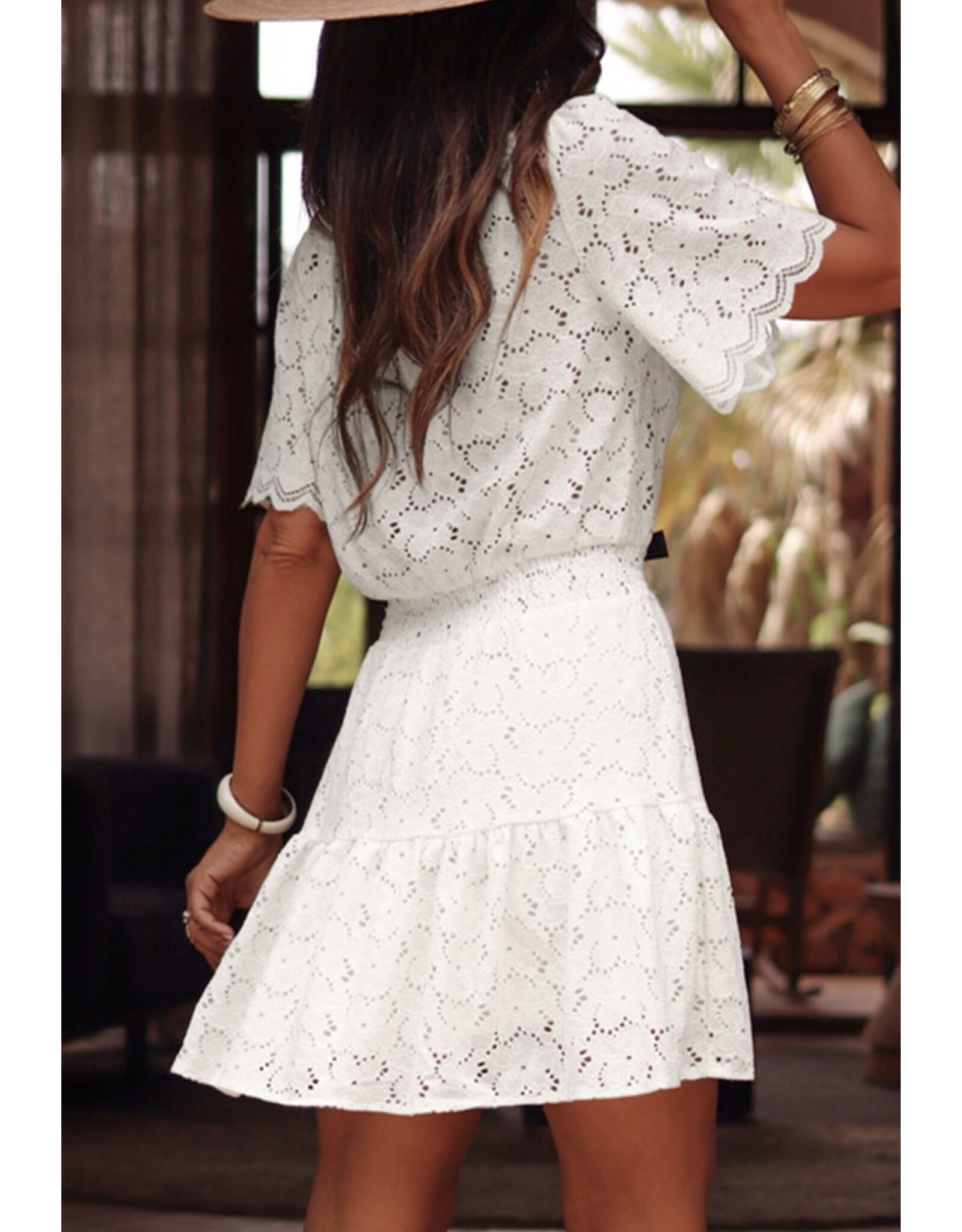 LATA White Floral Crochet Short Sleeve Dress