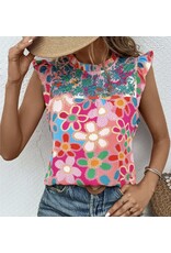 Pink Embroidered Detail Floral Print Trim Tank Top