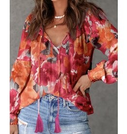 Fiery Red Floral Print  Blouse