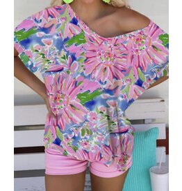 Pink Floral Loose Fit V Neck T